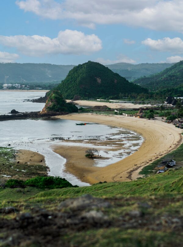 Aerial view of a picturesque beach along the coast of Lombok, Indonesia.