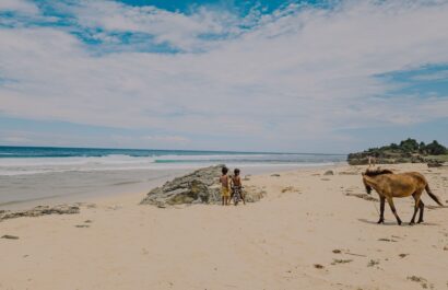 Children playing near rocks on a sandy beach while a horse roams freely under a clear blue sky.